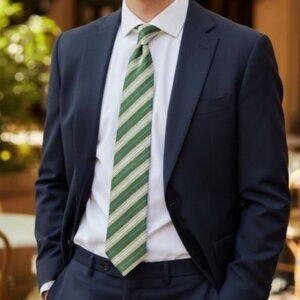 VTG Green Repp Stripe Tie Preppy Ivy League Blue Accent Polyester 3.5”